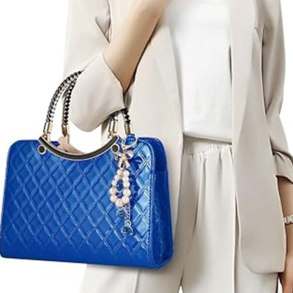 Neiman Marcus Shiny Faux Leather Blue Diamond Pattern Top Handle Purse - Picture 2 of 5